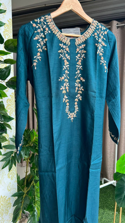 Persian blue silk embroidery kurti top