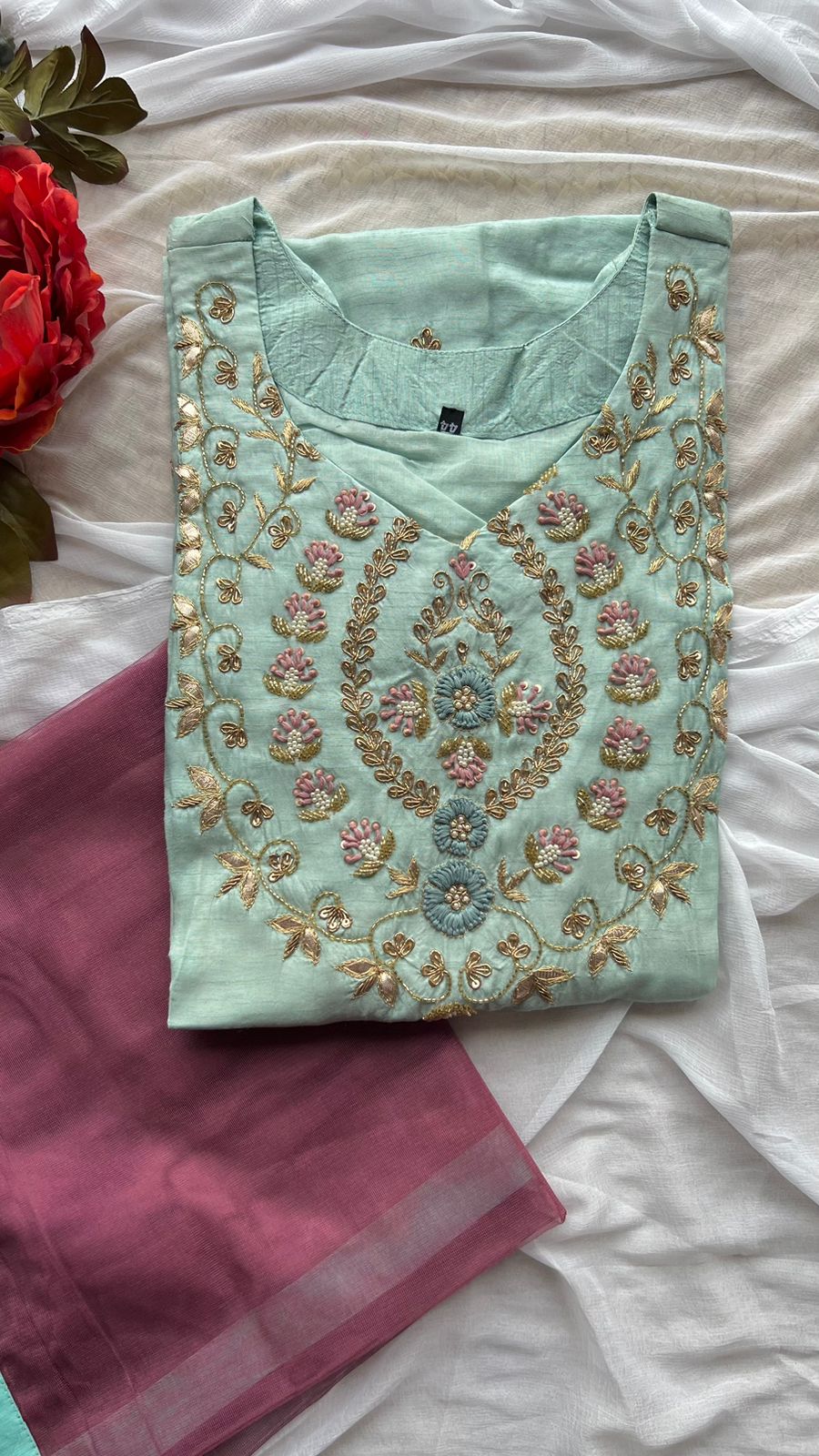Light blue hand work embroidery 2 piece kurti set
