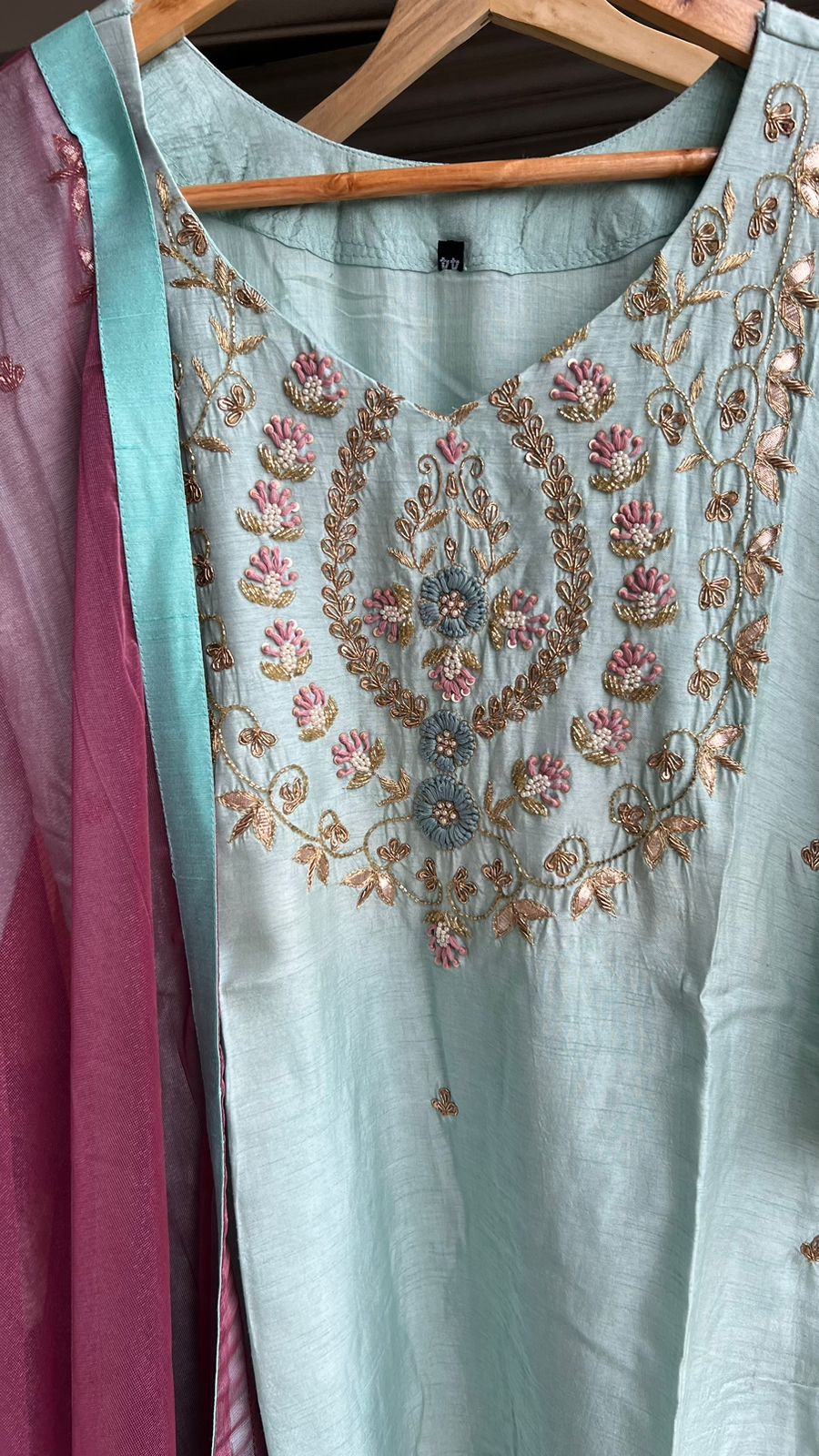 Light blue hand work embroidery 2 piece kurti set
