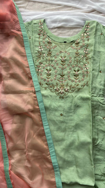 Light green hand work embroidery 2 piece kurti set