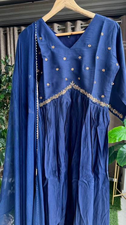 Midnight blue cotton embroidery 3 piece kurti suit