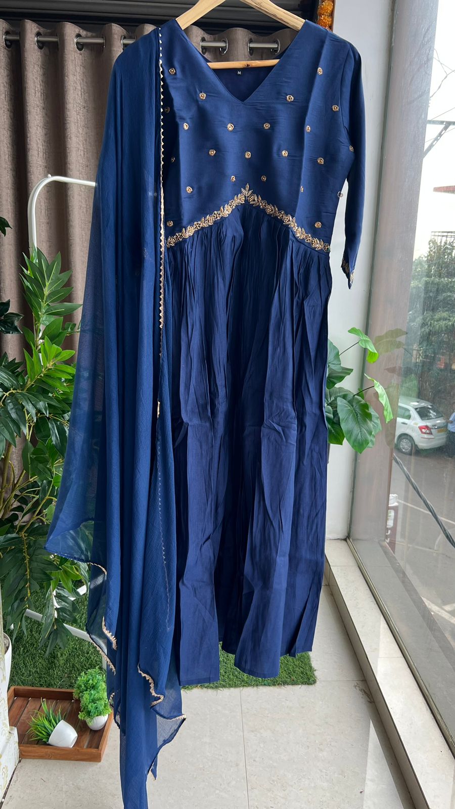 Midnight blue cotton embroidery 3 piece kurti suit