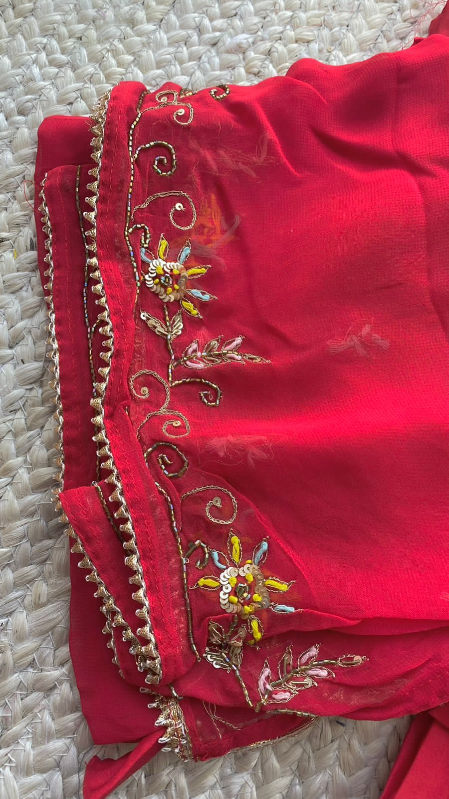 Red embroidery hand worked 3 piece kurti set
