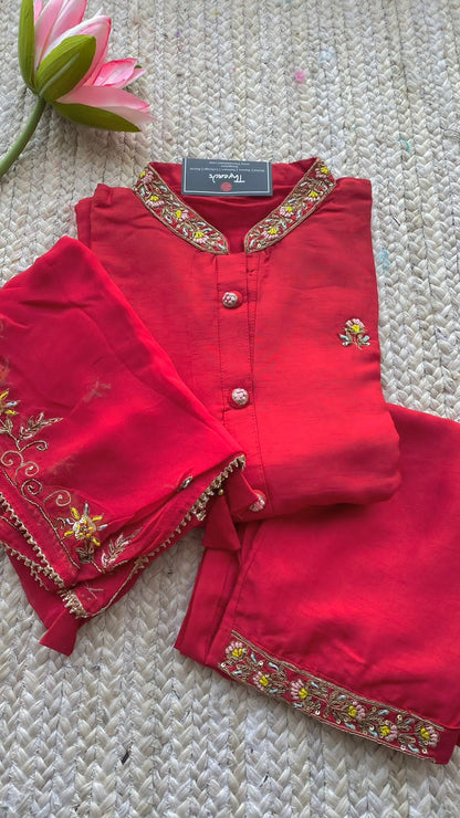 Red embroidery hand worked 3 piece kurti set