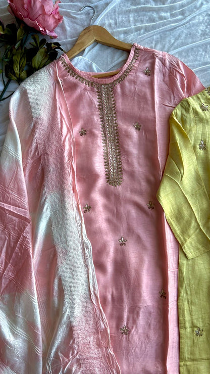 Pink silk Kurti with embroidery top and Duppata