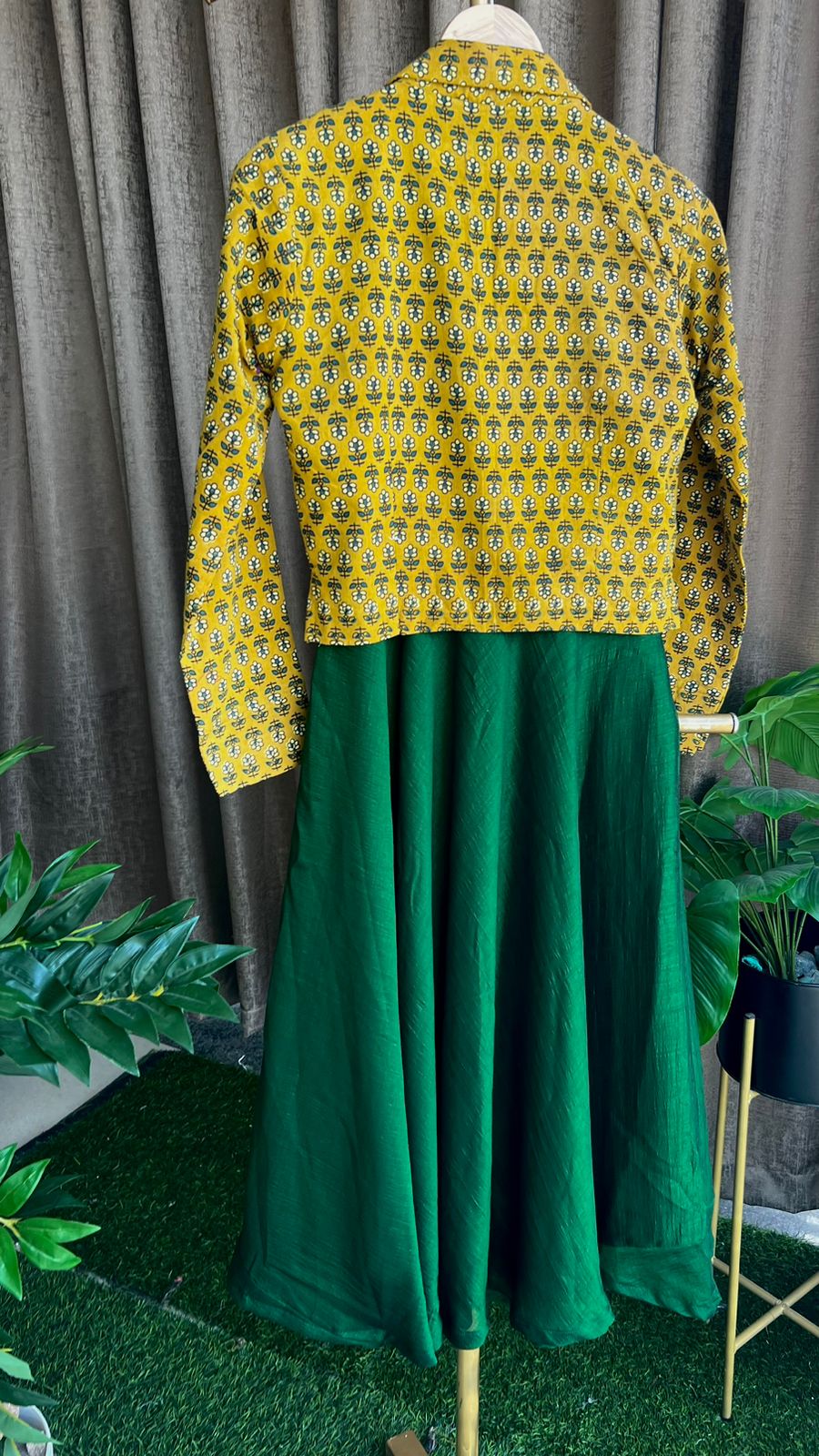 Green & yellow spaghetti dress & blazer coord sets
