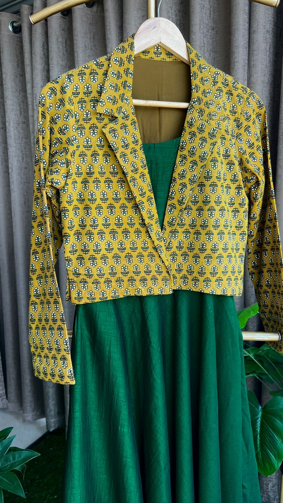Green & yellow spaghetti dress & blazer coord sets