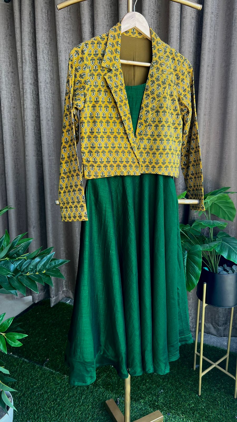 Green & yellow spaghetti dress & blazer coord sets