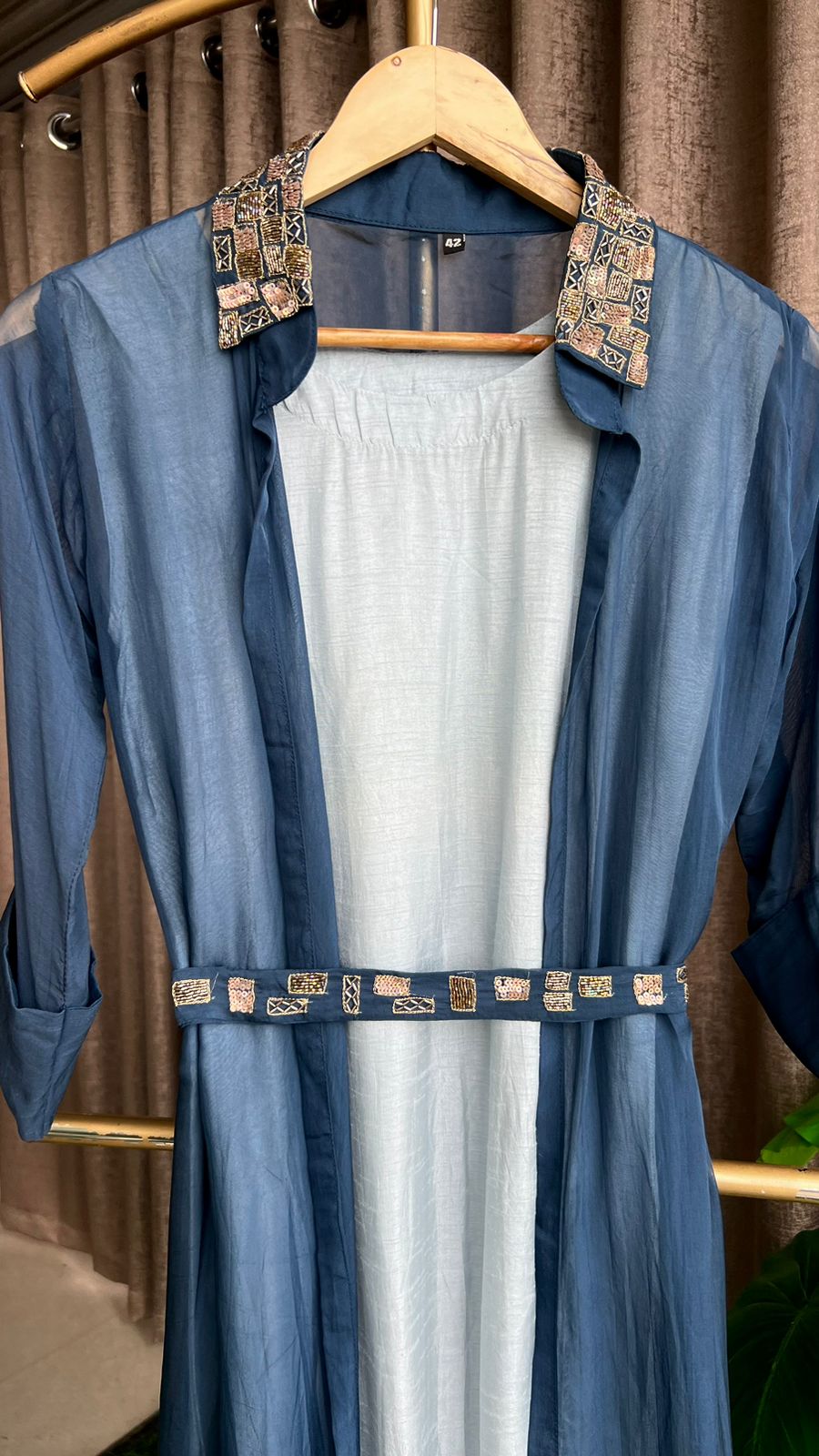 Blue hand work embroidery 2 piece coat set