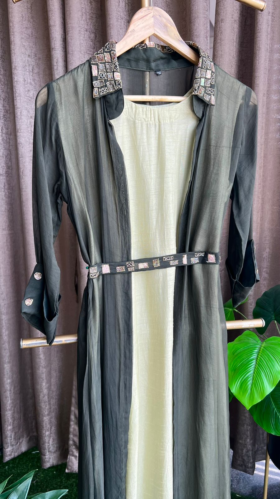 Green hand work embroidery 2 piece coat set