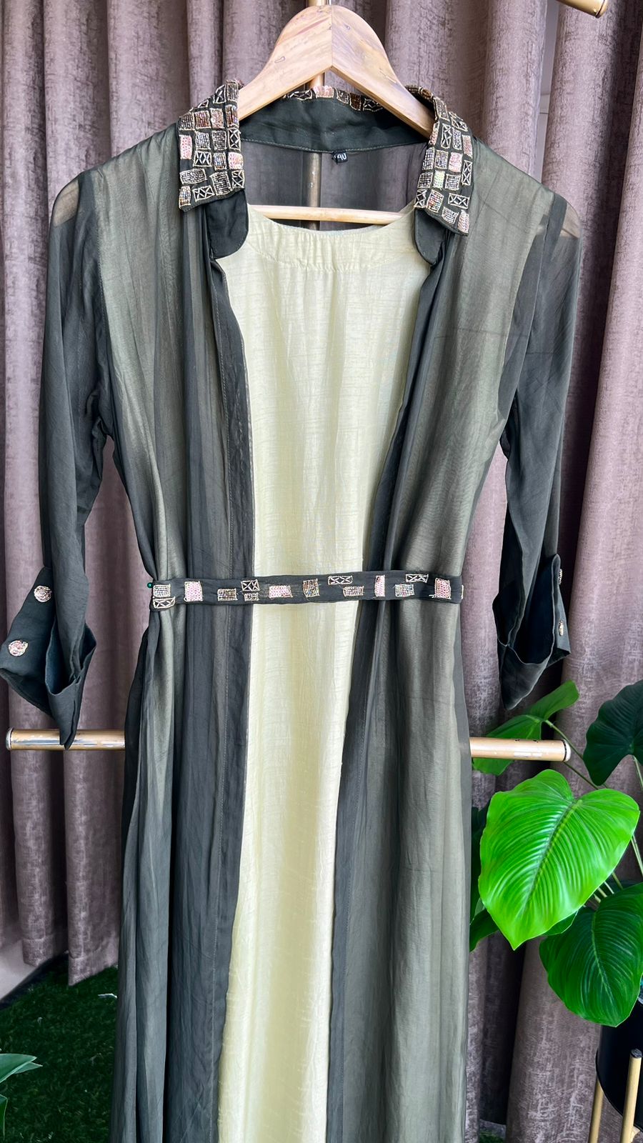 Green hand work embroidery 2 piece coat set