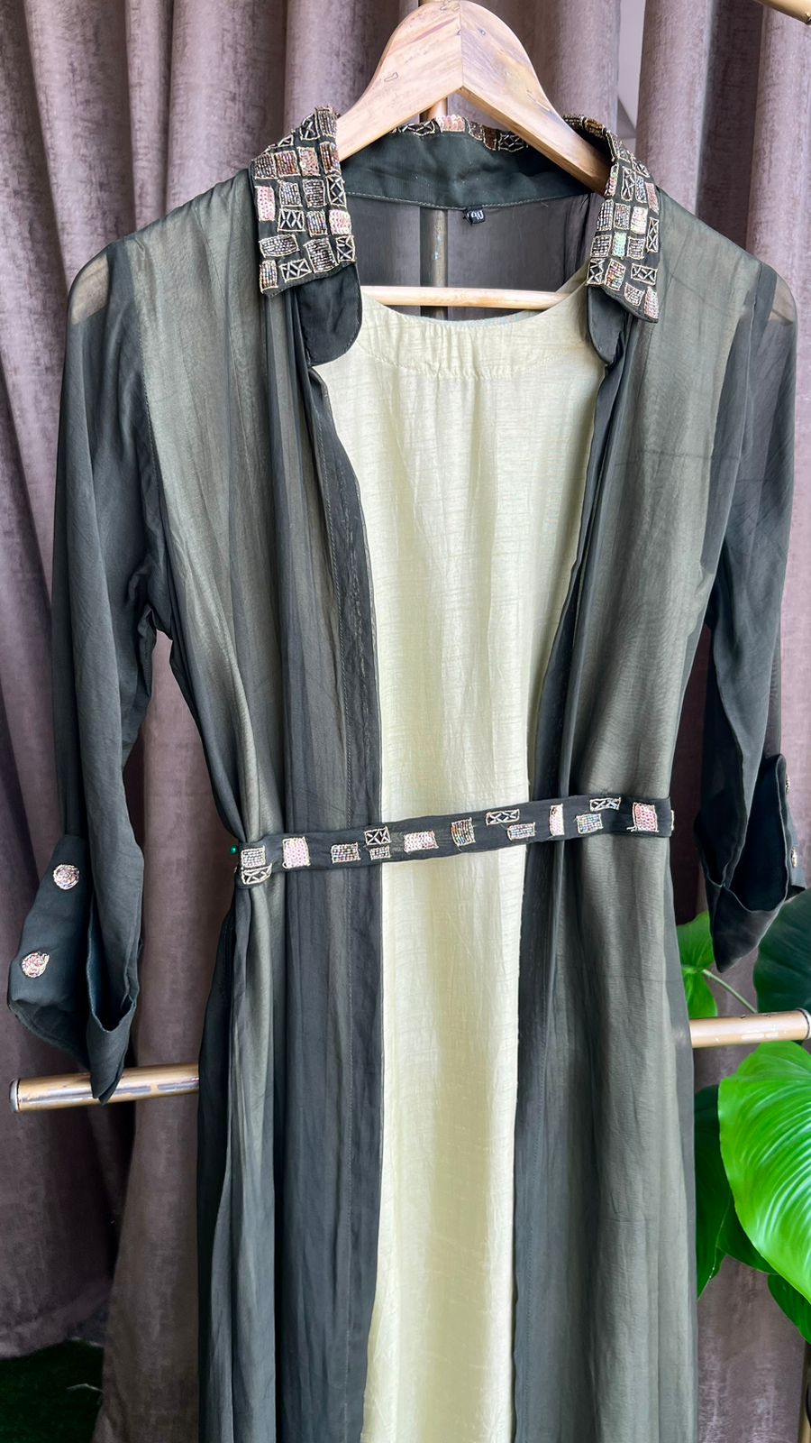 Green hand work embroidery 2 piece coat set