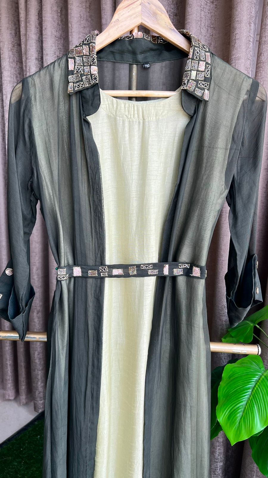 Green hand work embroidery 2 piece coat set