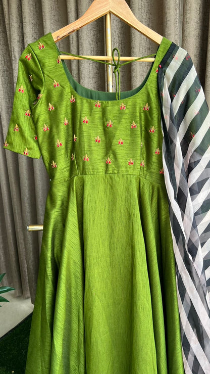 Green silk salwar suit of hand worked top and Duppata