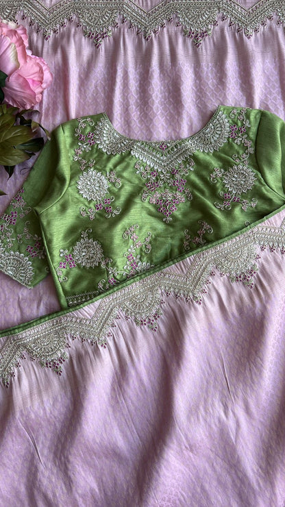 Pink banarasi saree with green handwork blouse