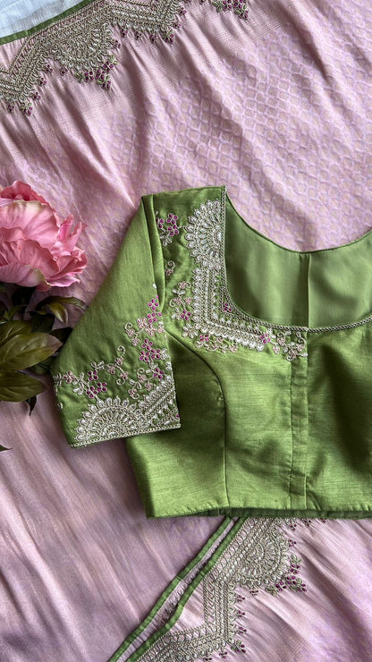 Pink banarasi saree with green handwork blouse
