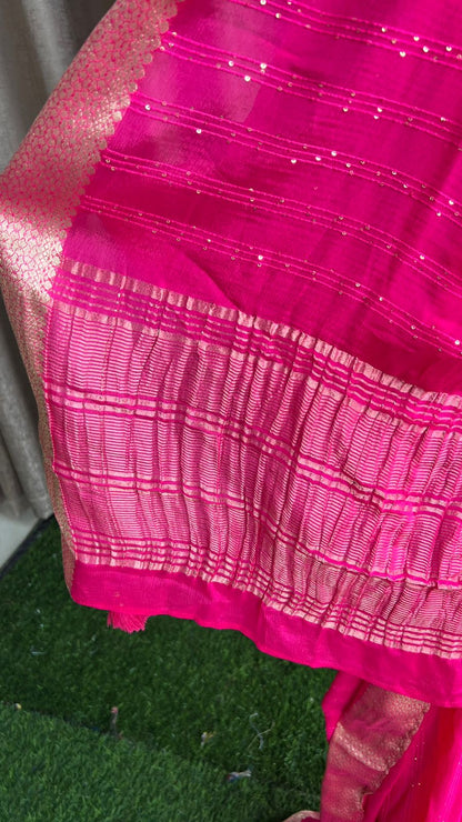 Pink silk saree with purple handwork blouse