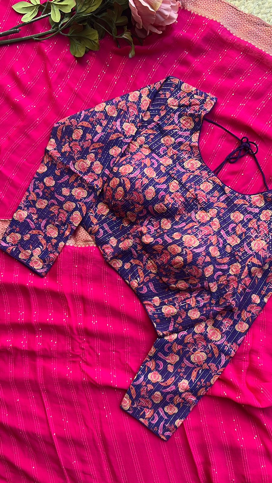 Pink silk saree with purple handwork blouse