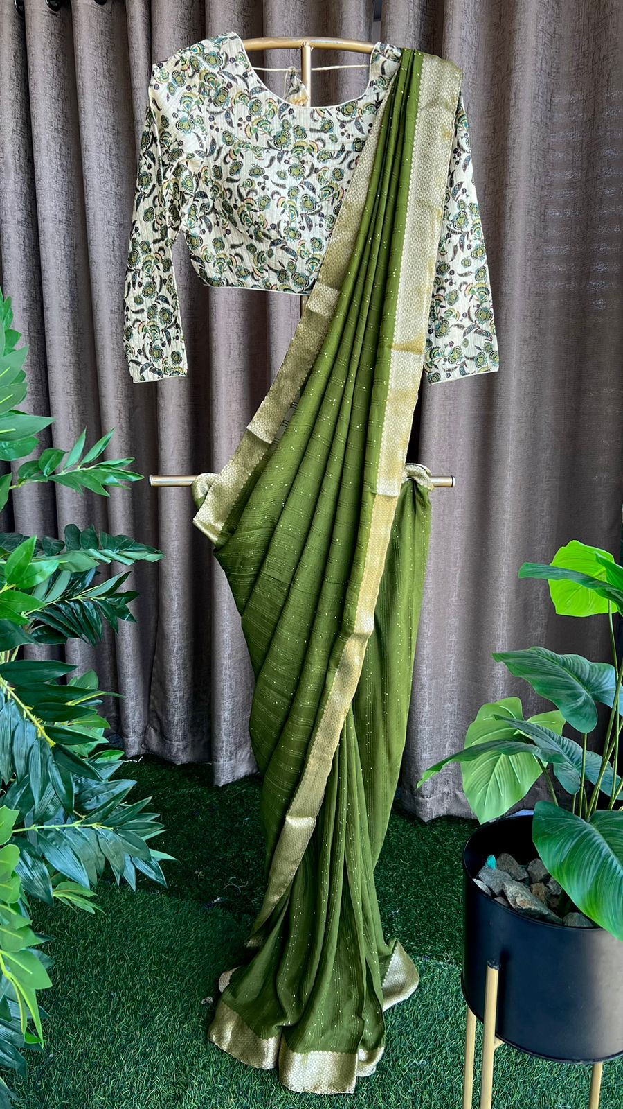 Green silk saree with white handwork blouse