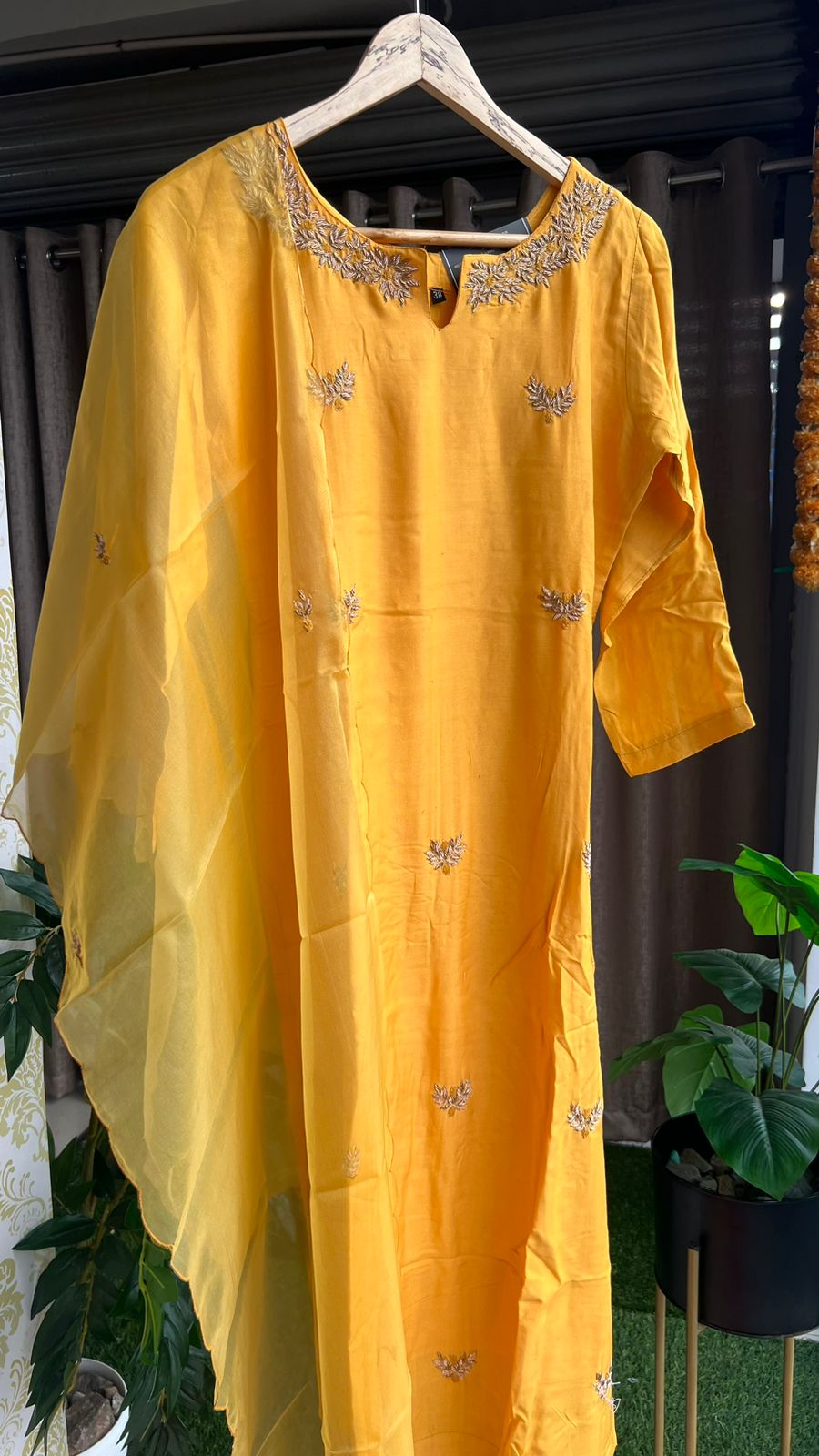 Yellow hand work embroidery 2 piece kurti set