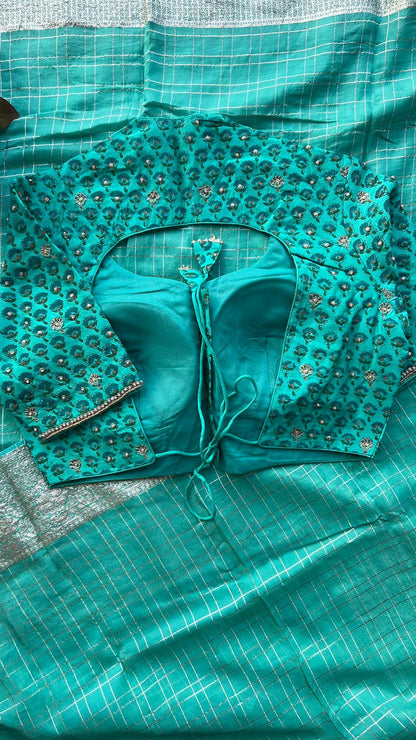 Tiffany blue chiffon saree with handwork blouse