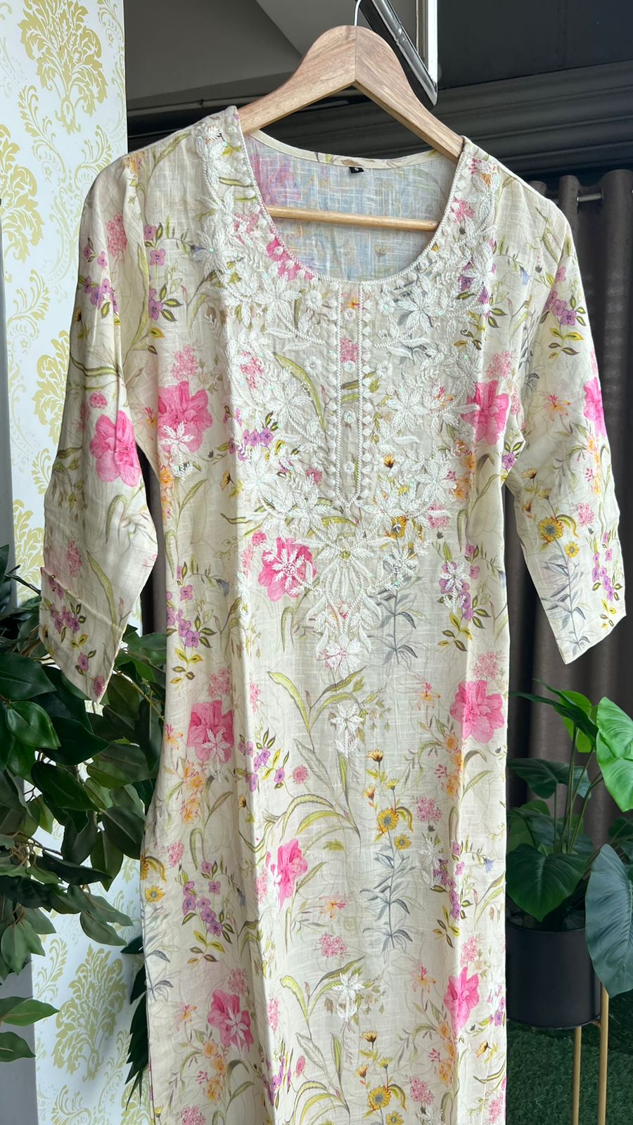 White cotton chicken embroidery 2 piece kurti set