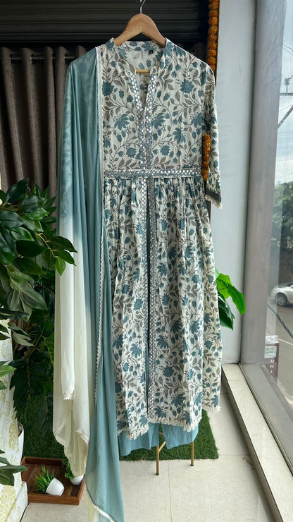 Light blue cotton floral printed 3 piece kurti suit