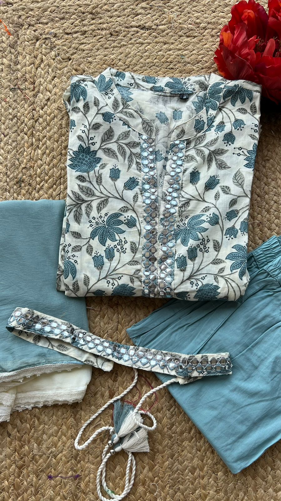 Light blue cotton floral printed 3 piece kurti suit