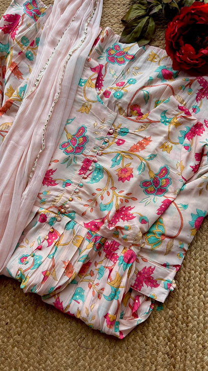 Powder pink silk floral printed 3 piece kurti suit