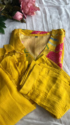 Yellow silk floral printed 3 piece kurti suit