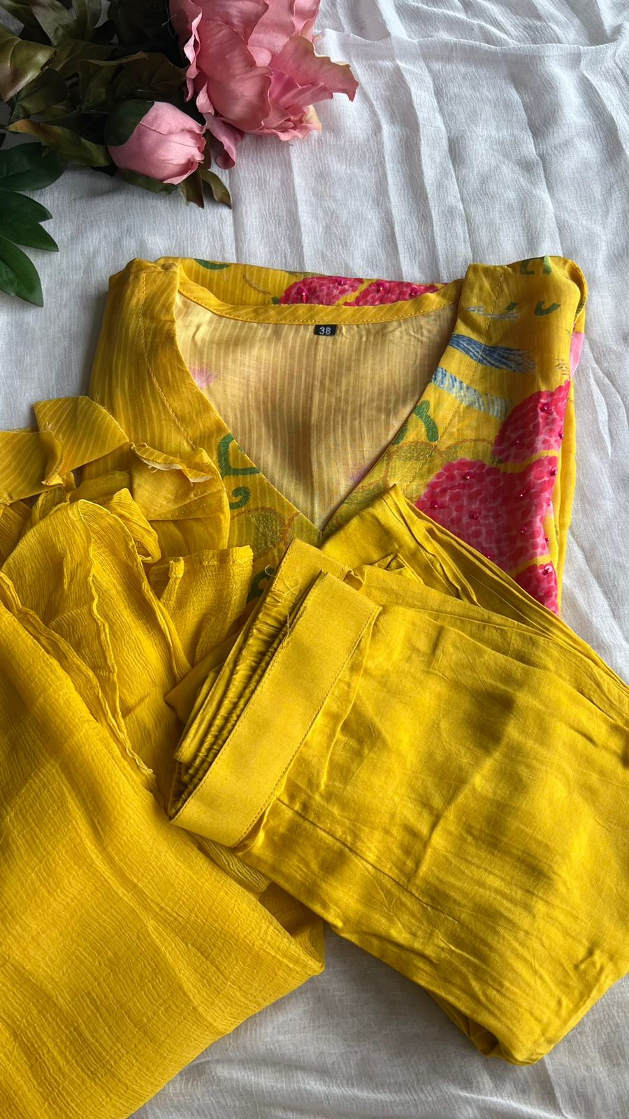 Yellow silk floral printed 3 piece kurti suit