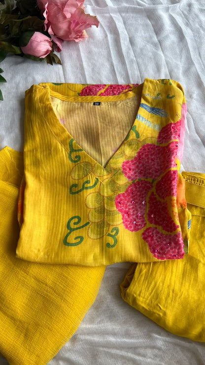 Yellow silk floral printed 3 piece kurti suit