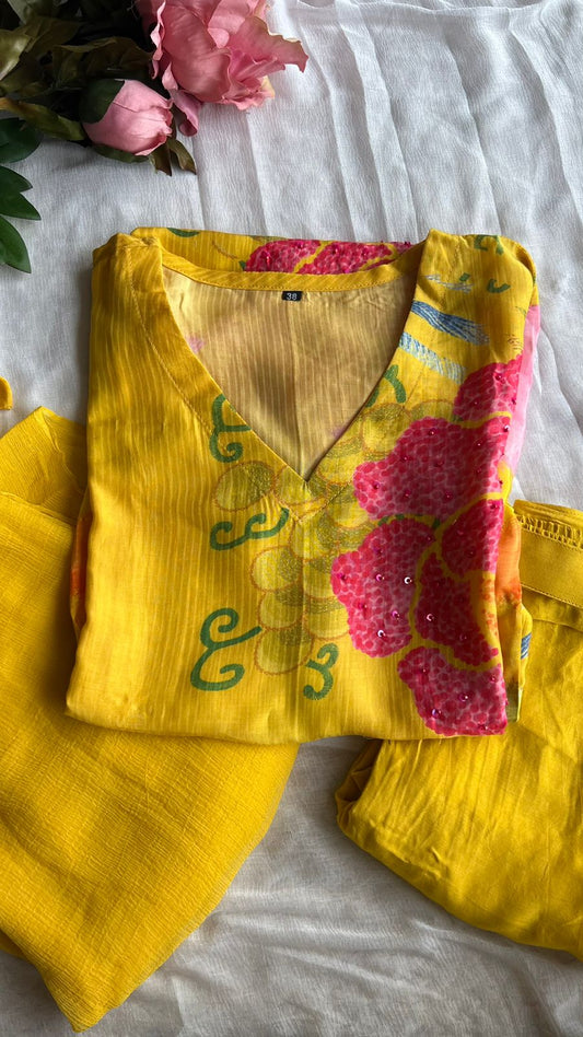 Yellow silk floral printed 3 piece kurti suit