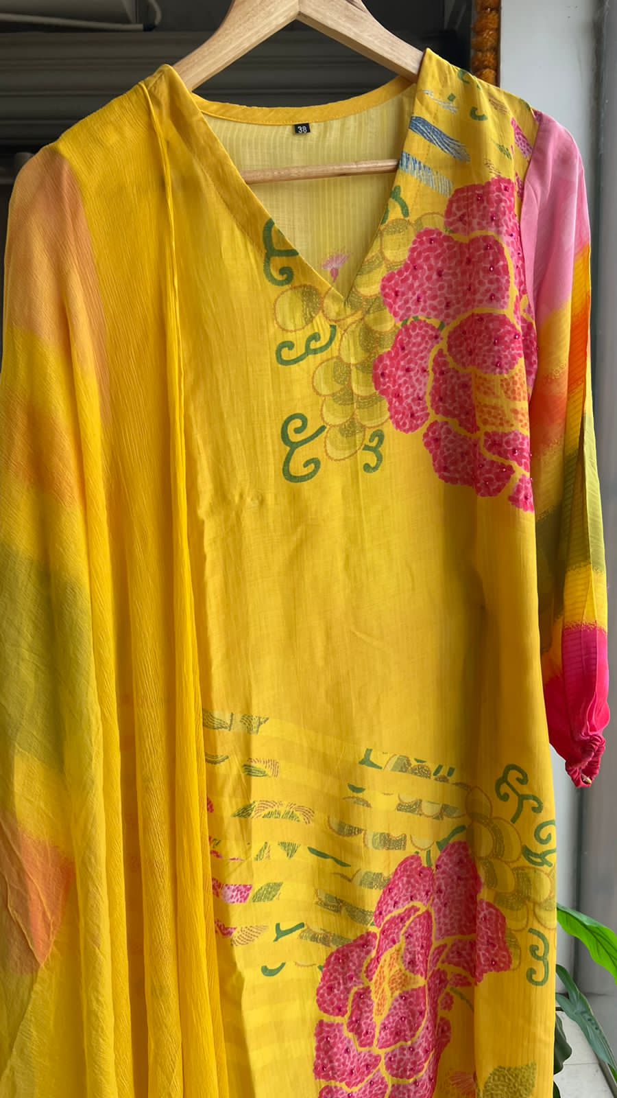 Yellow silk floral printed 3 piece kurti suit