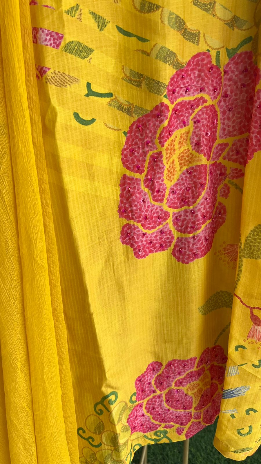 Yellow silk floral printed 3 piece kurti suit