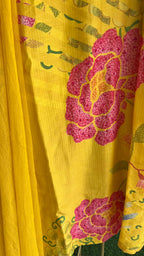Yellow silk floral printed 3 piece kurti suit
