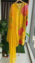 Yellow silk floral printed 3 piece kurti suit
