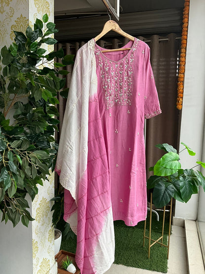 Pink silk embroidery 2 piece kurti set