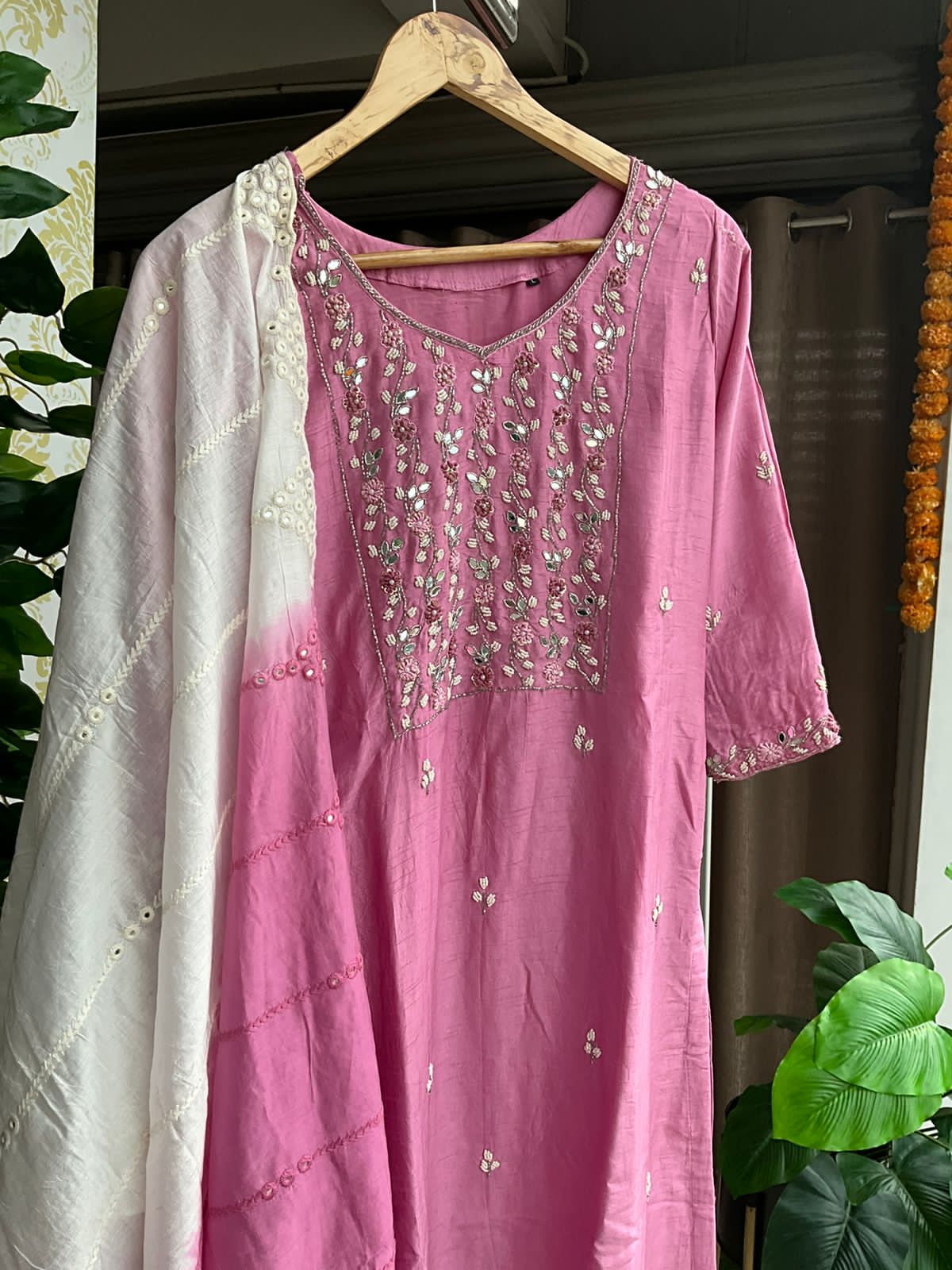 Pink silk embroidery 2 piece kurti set