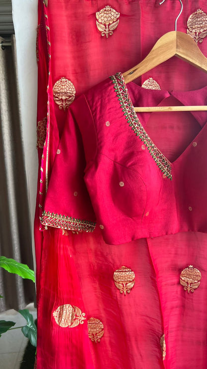 Red silk saree with banarasi handwork blouse