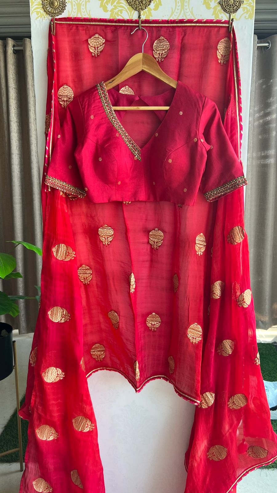 Red silk saree with banarasi handwork blouse