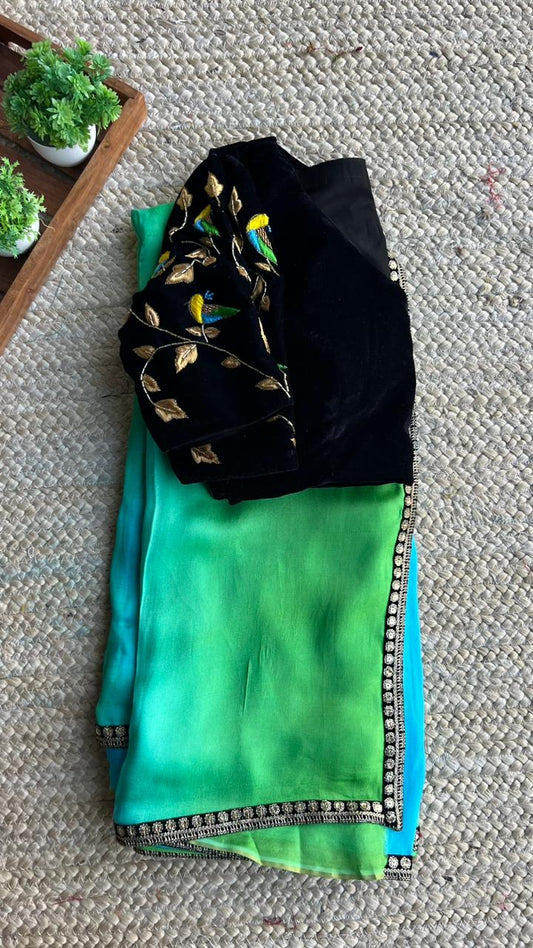 Multicolour jute saree with velvet handwork blouse
