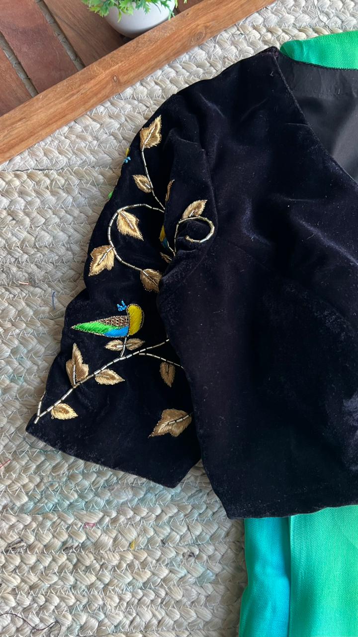 Black velvet bird hand worked blouse