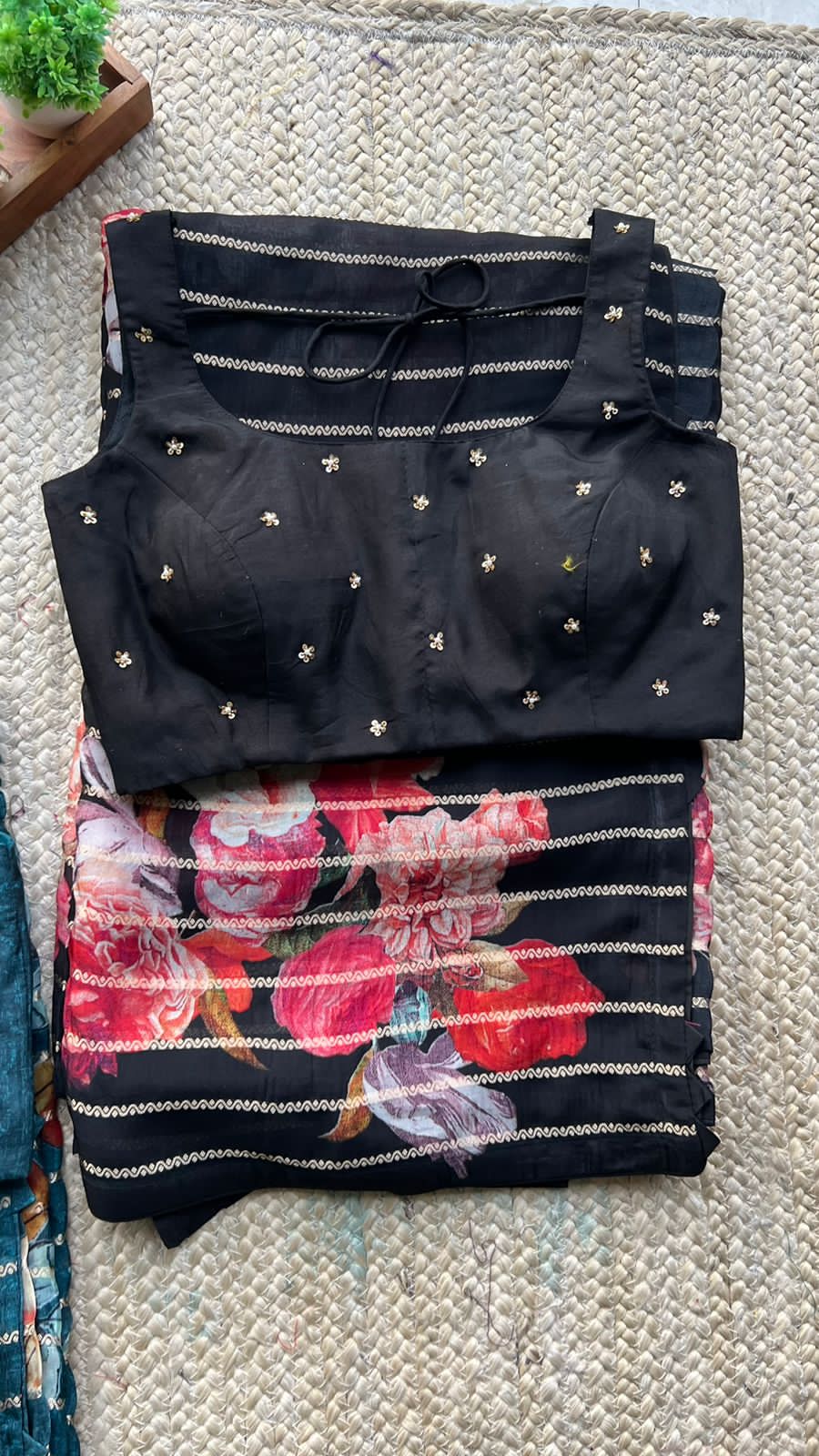 Black organza floral saree with handwork blouse