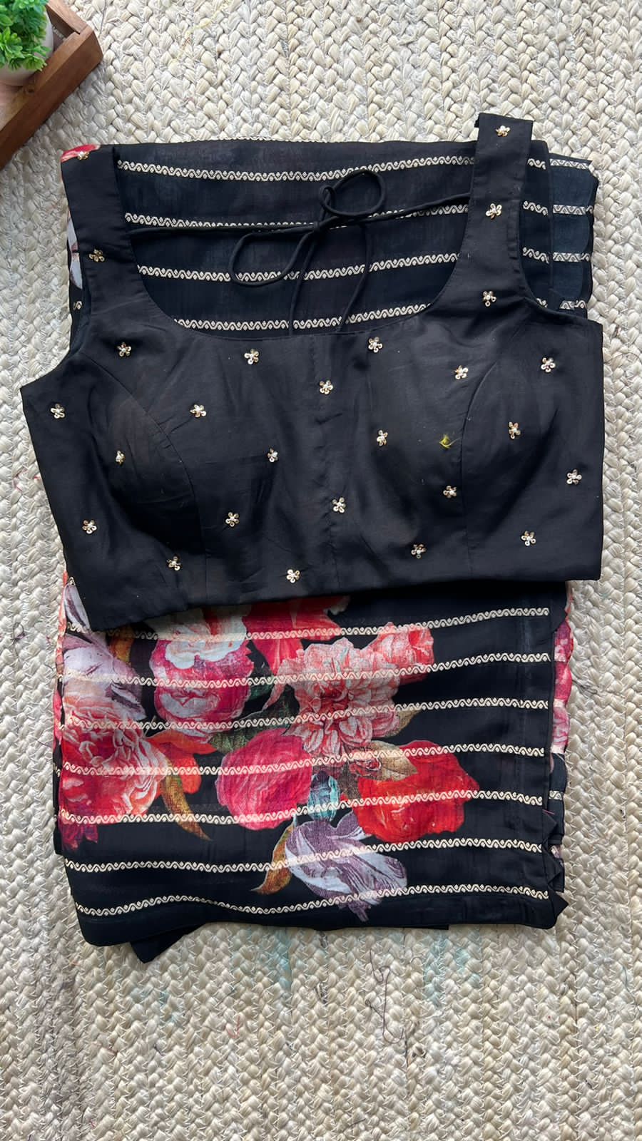 Black organza floral saree with handwork blouse