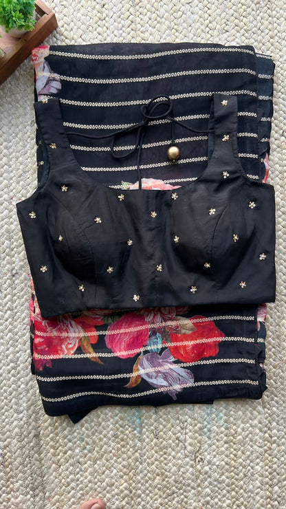 Black organza floral saree with handwork blouse