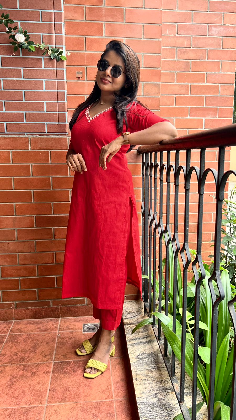 Red silk hand worked 2 piece kurti / coord set