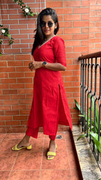 Red silk hand worked 2 piece kurti / coord set