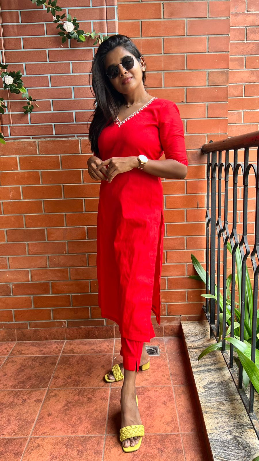 Red silk hand worked 2 piece kurti / coord set