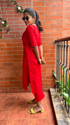Red silk hand worked 2 piece kurti / coord set